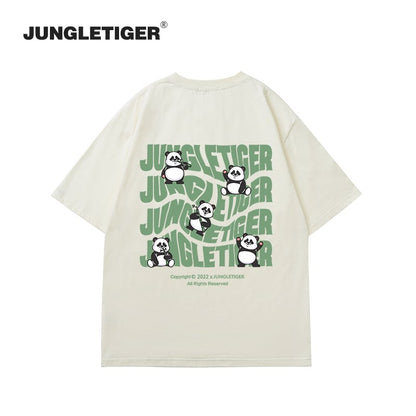 【JUNGLETIGERシリーズ】Tシャツ 5色 トップス 半袖 男女兼用 メンズ コットン 黒 白 灰 緑 パンダ