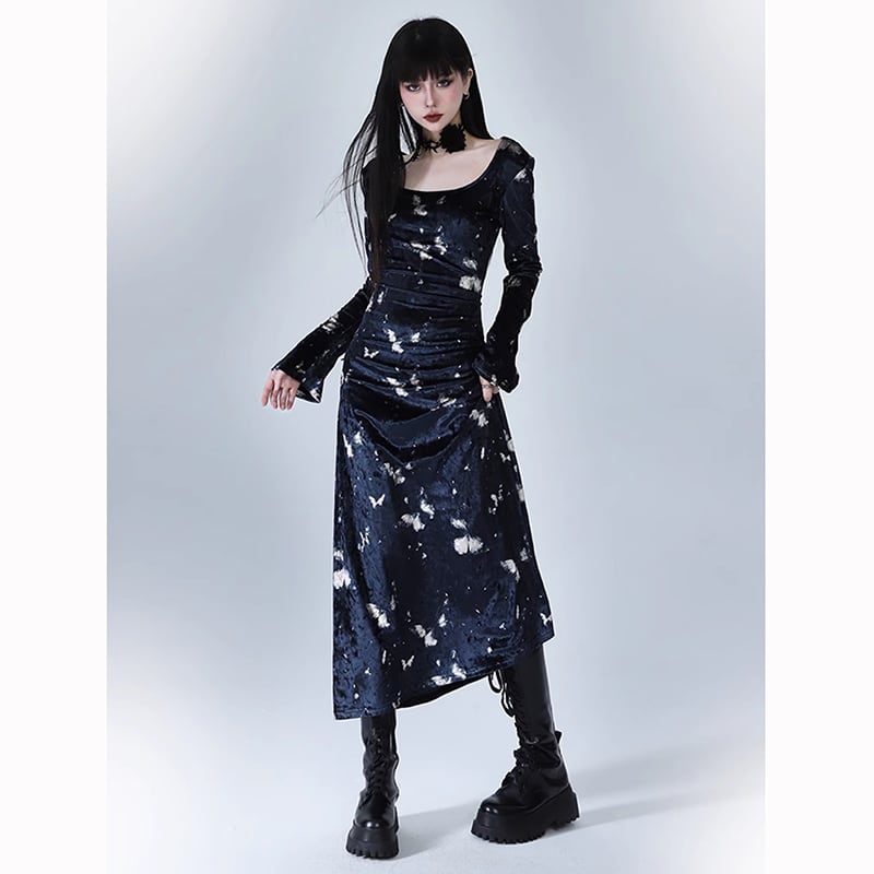 【LADYGHOSTシリーズ】チャイナ風 ベルベット 蝶々プリント ロング丈 長袖 ワンピース レディース 気質アップ 黒青色