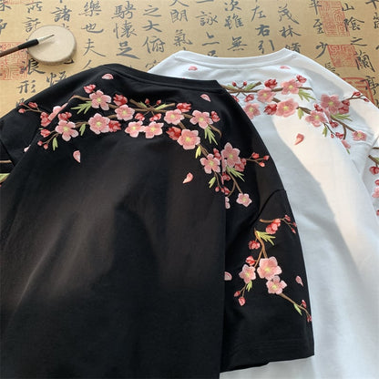 【VESIBOシリーズ】チャイナ風 半袖 Tシャツ 刺繍 花柄 梅の花 男女兼用 メンズ レディース ブラック ホワイト