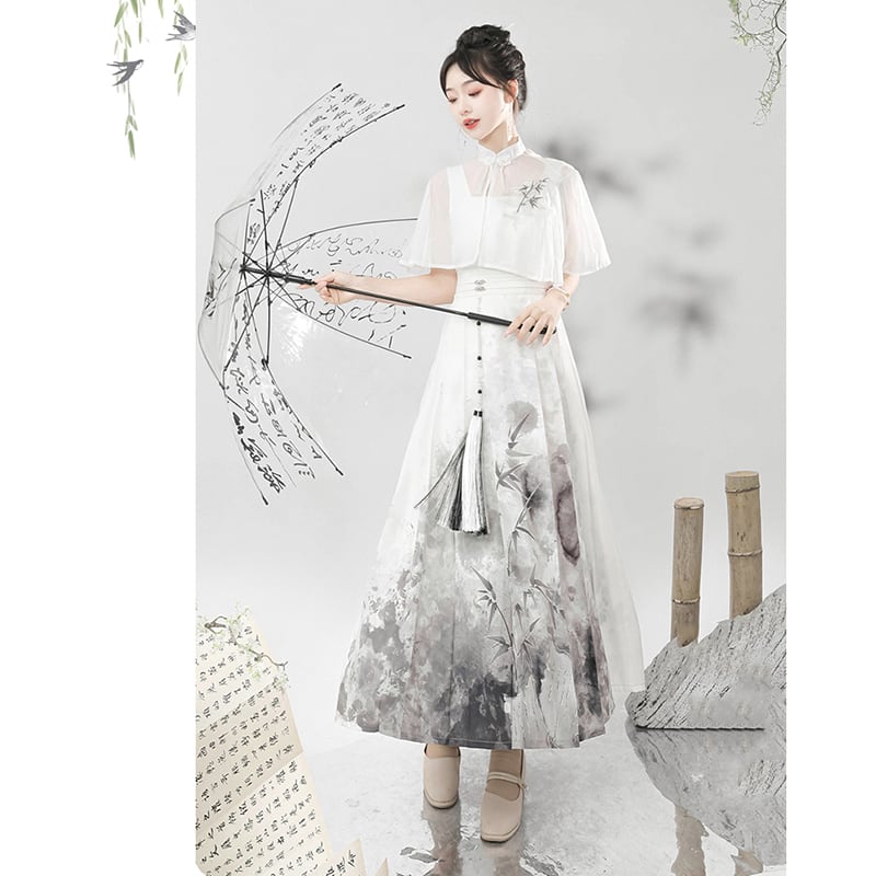 【停云落月---水墨寒江シリーズ】チャイナ風ワンピースセット 中華服 つりワンピース＋トップス 水墨柄