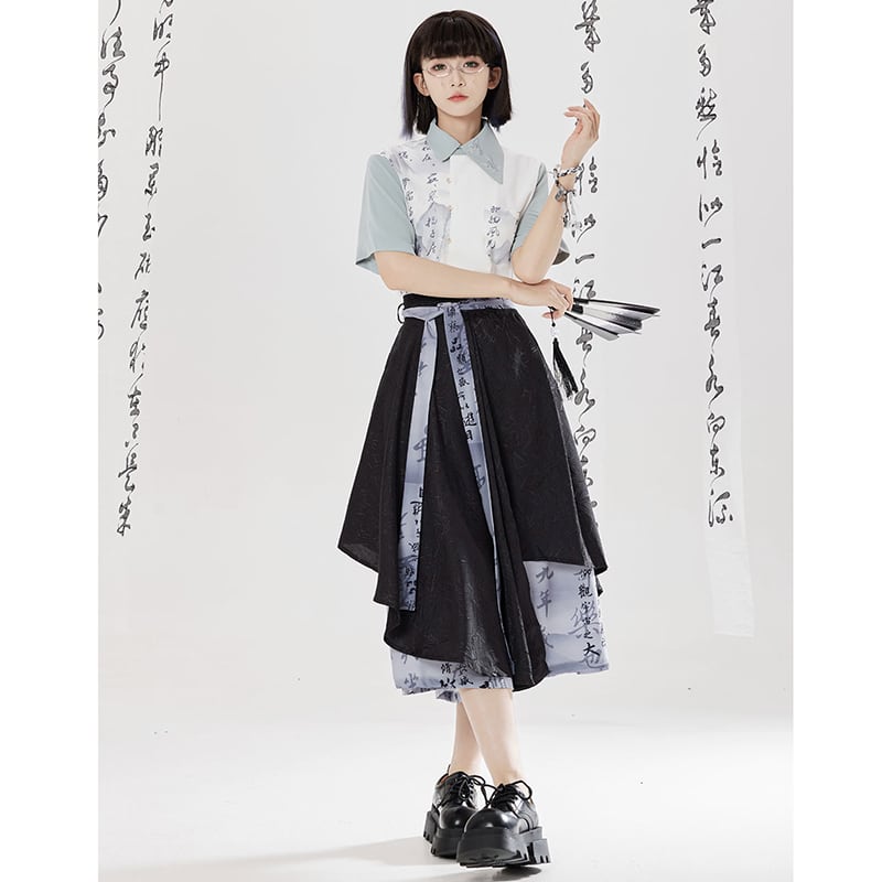 【卿棠---幽篁玉京シリーズ】チャイナ風 キュロットスカート カジュアル 切り替え ボトムス 男女兼用 メンズ 漢字柄