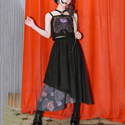 【古怪舍---花骨シリーズ】チャイナ風 スカート ボトムス 切り替え ブラック 花柄 ウエストゴム レディース ファッション