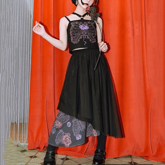 【古怪舍---花骨シリーズ】チャイナ風 スカート ボトムス 切り替え ブラック 花柄 ウエストゴム レディース ファッション