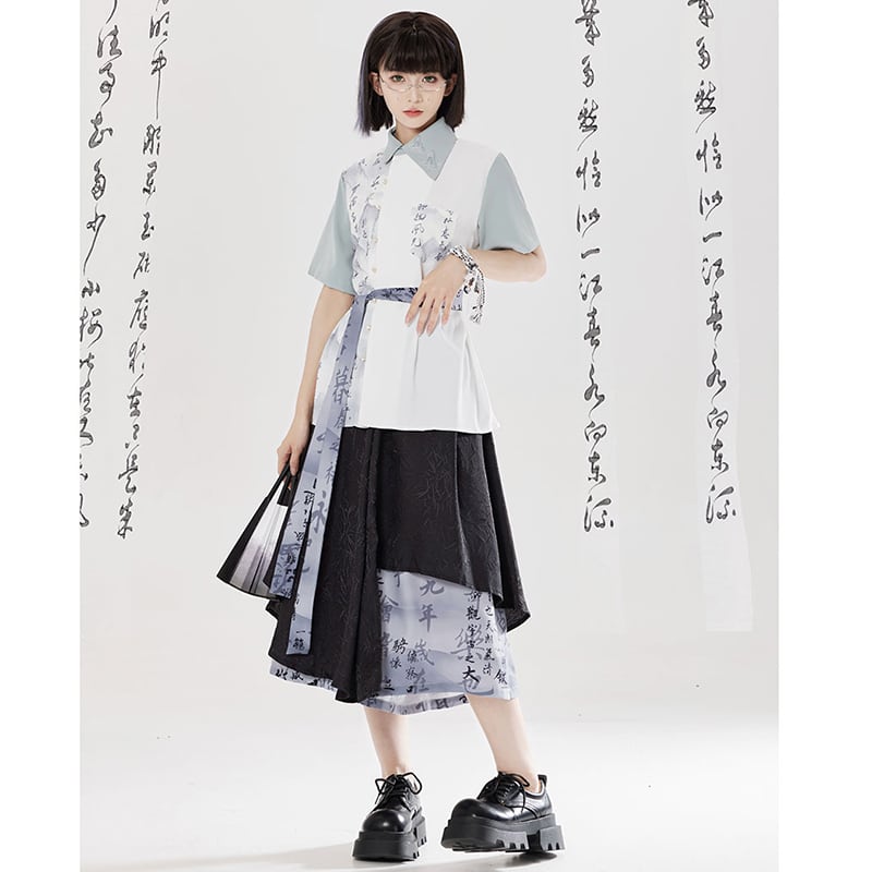【卿棠---山澗序語シリーズ】チャイナ風 プリント 半袖シャツ 男女兼用 漢字柄 トップス