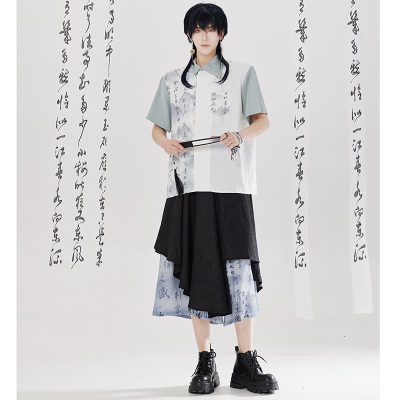 【卿棠---幽篁玉京シリーズ】チャイナ風 キュロットスカート カジュアル 切り替え ボトムス 男女兼用 メンズ 漢字柄