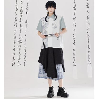 【卿棠---幽篁玉京シリーズ】チャイナ風 キュロットスカート カジュアル 切り替え ボトムス 男女兼用 メンズ 漢字柄
