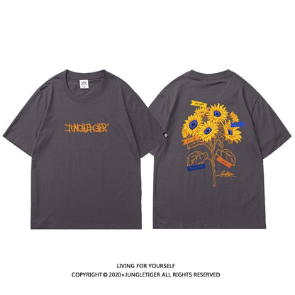 【JUNGLETIGERシリーズ】5色 半袖 Tシャツ 男女兼用 向日葵 コットン トップス 黒 白 灰 青