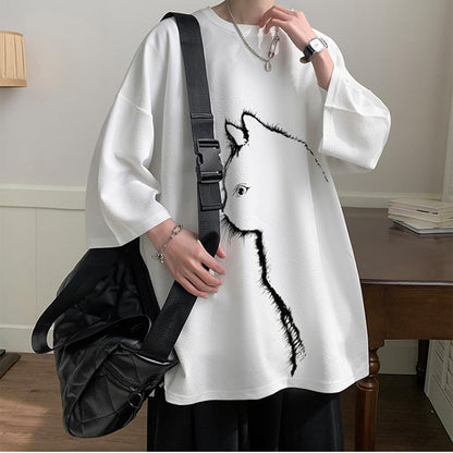 【CEXUシリーズ】3色展開 七分袖 Tシャツ 男女兼用 大きいサイズ 猫柄 黒 白 青