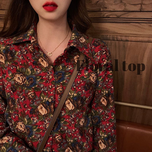 花柄シャツ トップス プリント 個性的 コーデュロイ レトロ 可愛い レディースファッション レッド