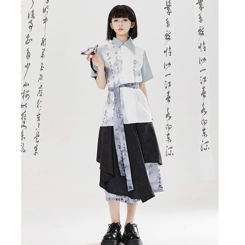 【卿棠---山澗序語シリーズ】チャイナ風 プリント 半袖シャツ 男女兼用 漢字柄 トップス
