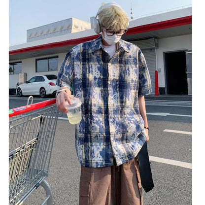 【DUFENGシリーズ】3色 半袖 チェック柄 トップス 男女兼用 大きいサイズ 絞り染め シャツ