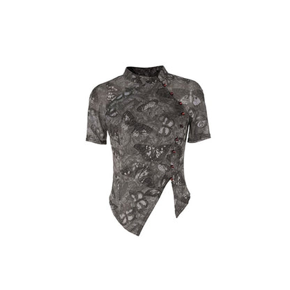 【大青龍肆シリーズ】チャイナ風 半袖トップス Tシャツ 蝶々柄 レトロデザイン 薄手 着痩せ 快適 ファッション