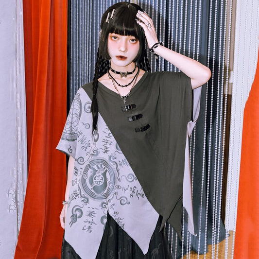 【古怪舍---清心訣シリーズ】★チャイナ風トップス★ 半袖 Tシャツ 個性的 オリジナル 不規則 コットン プリント