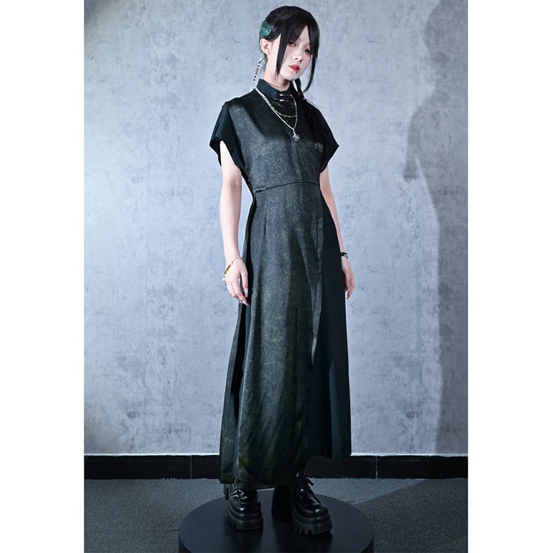 【古怪舍---升卿シリーズ】チャイナ風半袖漢服ワンピース 切り替え ブラック 黒色