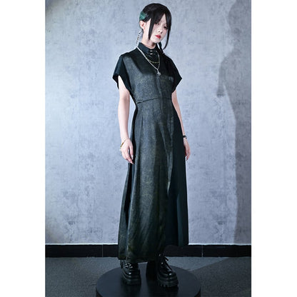 【古怪舍---升卿シリーズ】チャイナ風半袖漢服ワンピース 切り替え ブラック 黒色