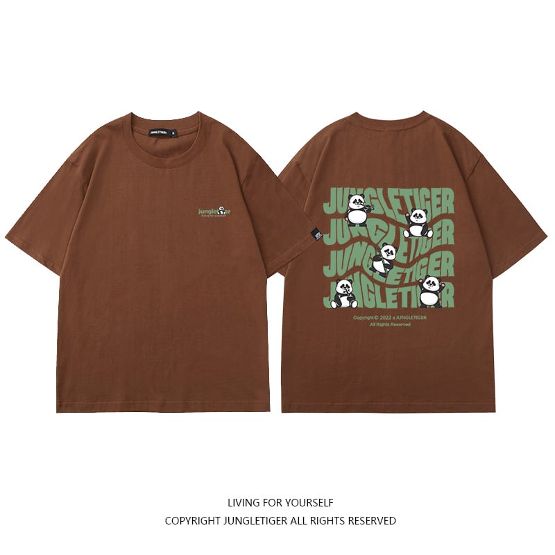 【JUNGLETIGERシリーズ】Tシャツ 5色 トップス 半袖 男女兼用 メンズ コットン 黒 白 灰 緑 パンダ