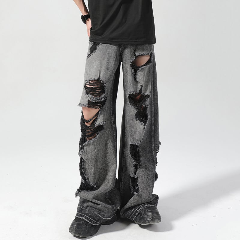 【GZXXシリーズ】デニムパンツ レディース メンズ ボトムス ダメージ加工 黒灰色 おしゃれ