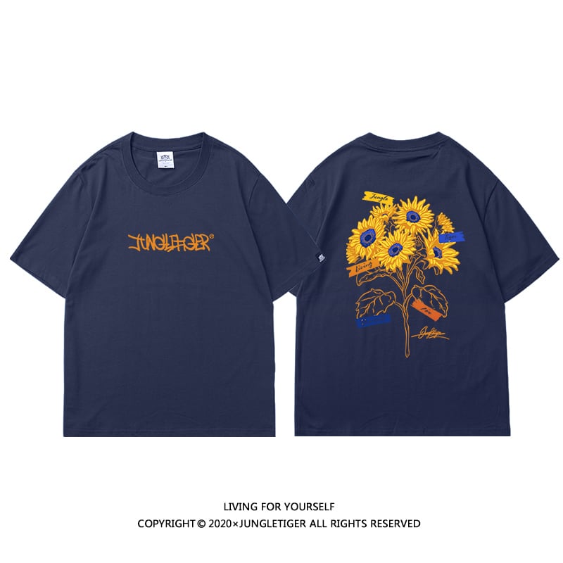 【JUNGLETIGERシリーズ】5色 半袖 Tシャツ 男女兼用 向日葵 コットン トップス 黒 白 灰 青