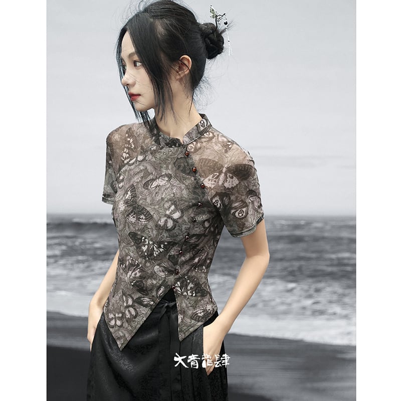 【大青龍肆シリーズ】チャイナ風 半袖トップス Tシャツ 蝶々柄 レトロデザイン 薄手 着痩せ 快適 ファッション