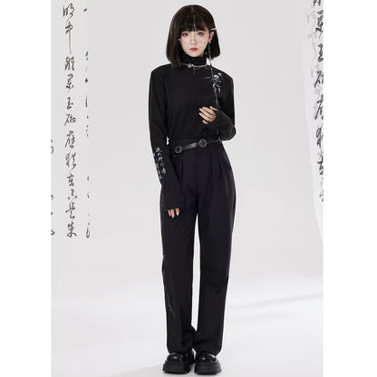 【卿棠---蒼竹問道シリーズ】チャイナ風トップス 中華服 Tシャツ レディース ブラック 黒 暖かい ファッション