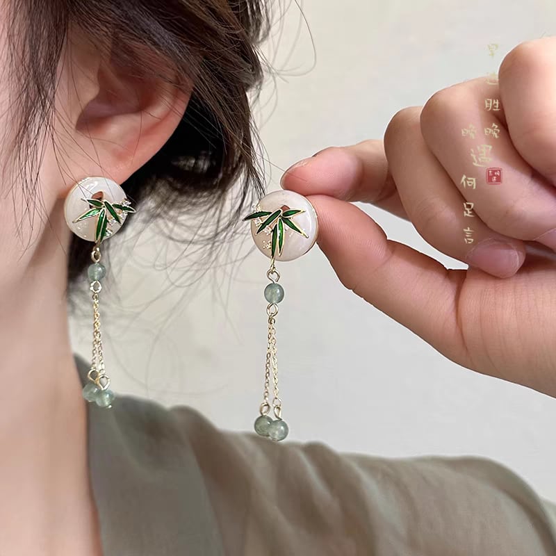 【CHOEUシリーズ】チャイナ風 耳飾り 竹柄 ピアス ペア レディース フリンジ アクセサリー グリーン