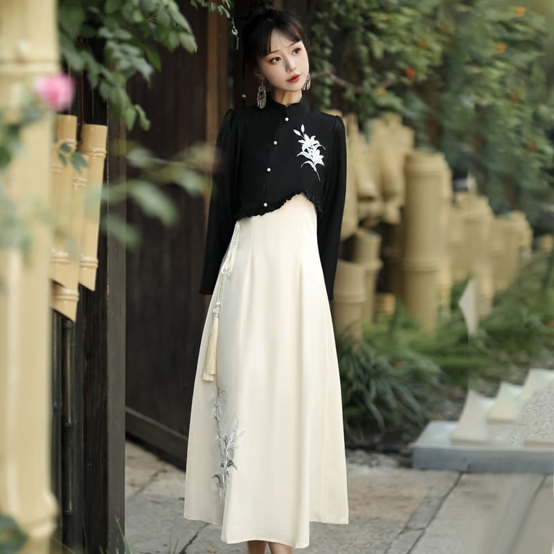 【漢如初---風鈴百合シリーズ】チャイナ風セットアップ 2点セット トップス つりワンピース 中華服 漢服 ワンピース