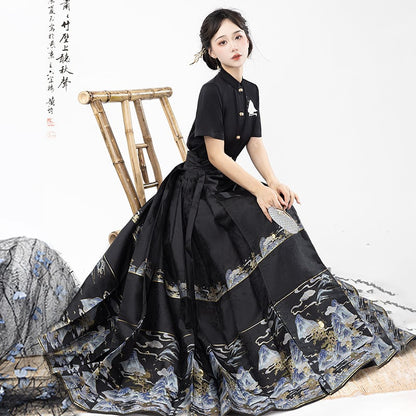 【喚初---明月松間照シリーズ】チャイナ風トップス 長袖 半袖 刺繍 中華服 シャツ 可愛い ブラック 黒色