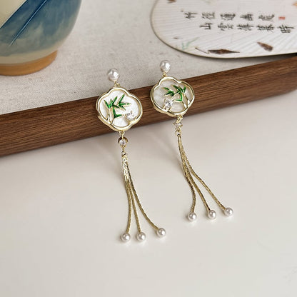 【PRCDCシリーズ】チャイナ風耳飾り 竹柄ピアス ペア レディース フリンジ グリーン アクセサリー