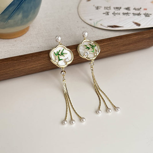 【PRCDCシリーズ】チャイナ風耳飾り 竹柄ピアス ペア レディース フリンジ グリーン アクセサリー