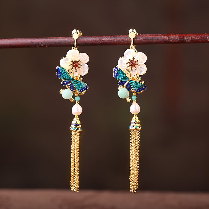 【煙雨江南シリーズ】チャイナ風イヤリング ピアス 2点セット 小物 アクセサリー フリンジ 花 レディース 気質アップ