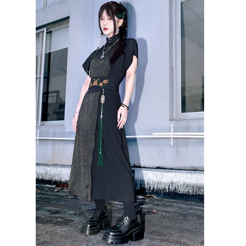 【古怪舍---升卿シリーズ】チャイナ風半袖漢服ワンピース 切り替え ブラック 黒色