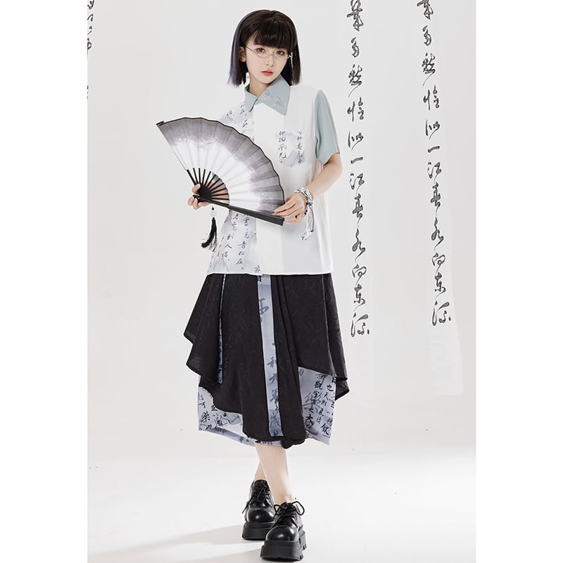 【卿棠---幽篁玉京シリーズ】チャイナ風 キュロットスカート カジュアル 切り替え ボトムス 男女兼用 メンズ 漢字柄