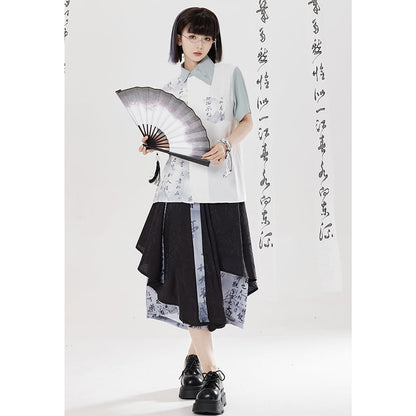 【卿棠---幽篁玉京シリーズ】チャイナ風 キュロットスカート カジュアル 切り替え ボトムス 男女兼用 メンズ 漢字柄