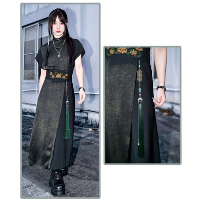 【古怪舍---升卿シリーズ】チャイナ風半袖漢服ワンピース 切り替え ブラック 黒色