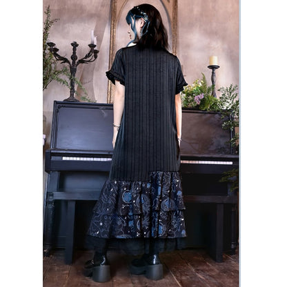 【古怪舍---藍眼淚シリーズ】チャイナ風半袖ワンピース 漢服 切り替えデザイン ブラック