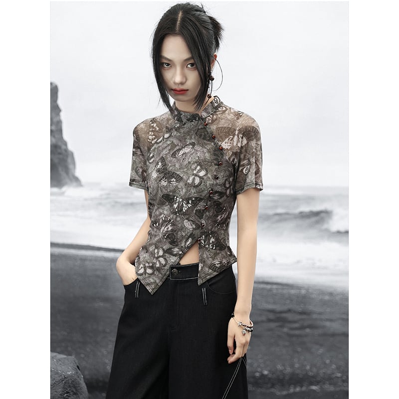 【大青龍肆シリーズ】チャイナ風 半袖トップス Tシャツ 蝶々柄 レトロデザイン 薄手 着痩せ 快適 ファッション