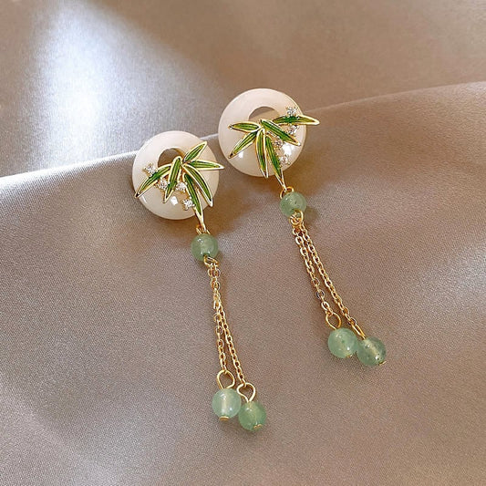 【CHOEUシリーズ】チャイナ風 耳飾り 竹柄 ピアス ペア レディース フリンジ アクセサリー グリーン
