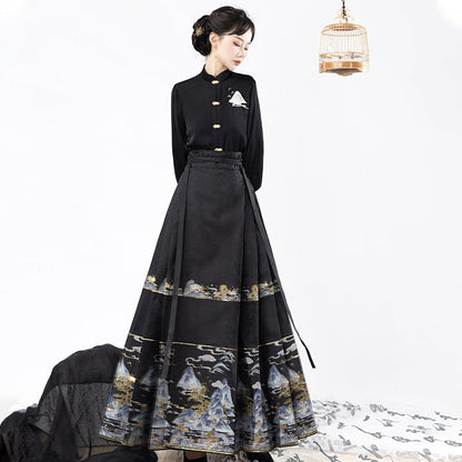 【喚初---明月松間照シリーズ】チャイナ風トップス 長袖 半袖 刺繍 中華服 シャツ 可愛い ブラック 黒色