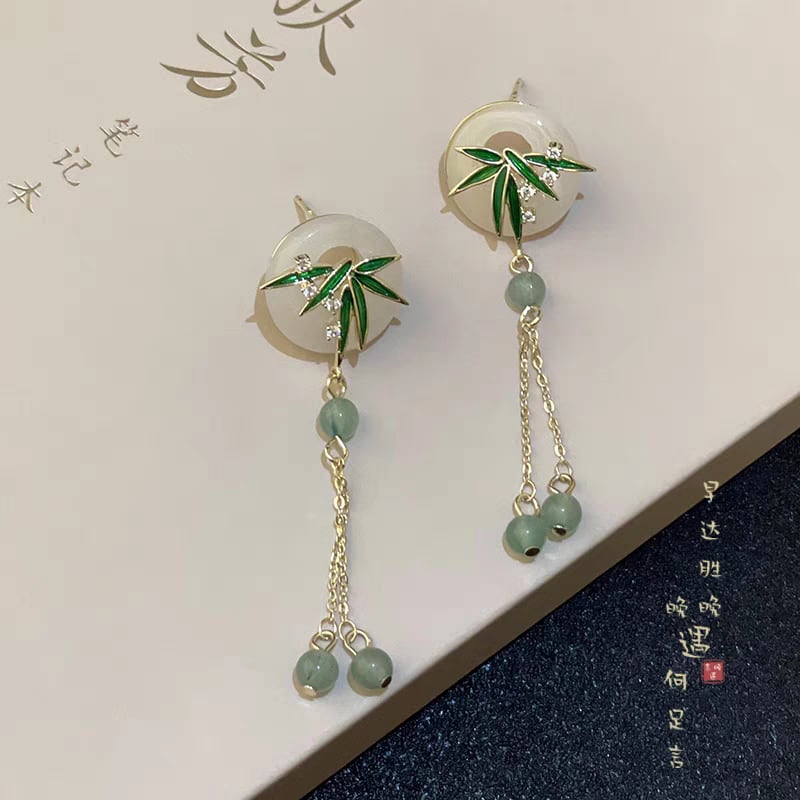 【CHOEUシリーズ】チャイナ風 耳飾り 竹柄 ピアス ペア レディース フリンジ アクセサリー グリーン