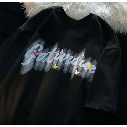 【逃離地球シリーズ】Tシャツ 半袖 蝶々 デザイン トップス 2色 男女兼用 メンズ レディース 可愛い 夏服