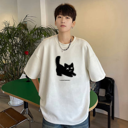 【NANSHIシリーズ】5色展開 Tシャツ 半袖 トップス 男女兼用 大きいサイズ スエード 猫柄 ねこ ネコ