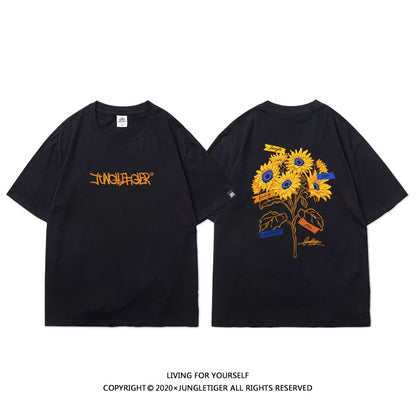 【JUNGLETIGERシリーズ】5色 半袖 Tシャツ 男女兼用 向日葵 コットン トップス 黒 白 灰 青