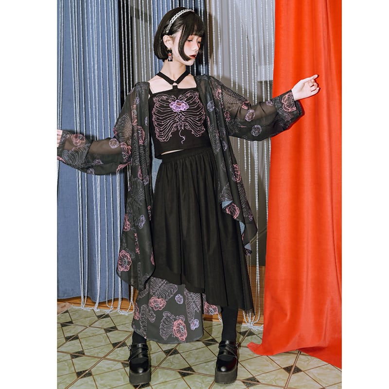 【古怪舍---花骨シリーズ】チャイナ風 スカート ボトムス 切り替え ブラック 花柄 ウエストゴム レディース ファッション