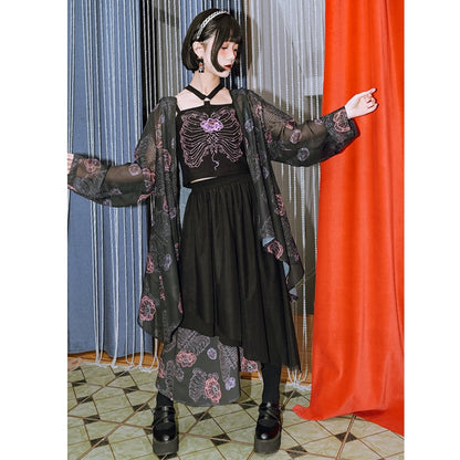 【古怪舍---花骨シリーズ】チャイナ風 スカート ボトムス 切り替え ブラック 花柄 ウエストゴム レディース ファッション