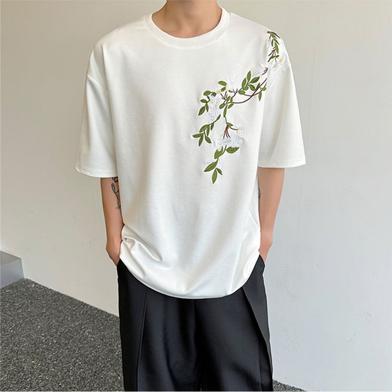 【入画シリーズ】チャイナ風 トップス 半袖 Tシャツ 花柄 男女兼用 メンズ レディース ブラック ホワイト 2色展開