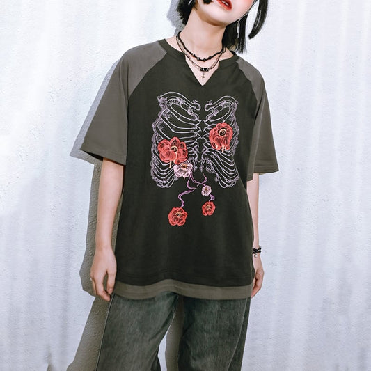 【古怪舍---花骨シリーズ】チャイナ風 半袖 Tシャツ プリント 個性的 オリジナル Vネック コットン トップス