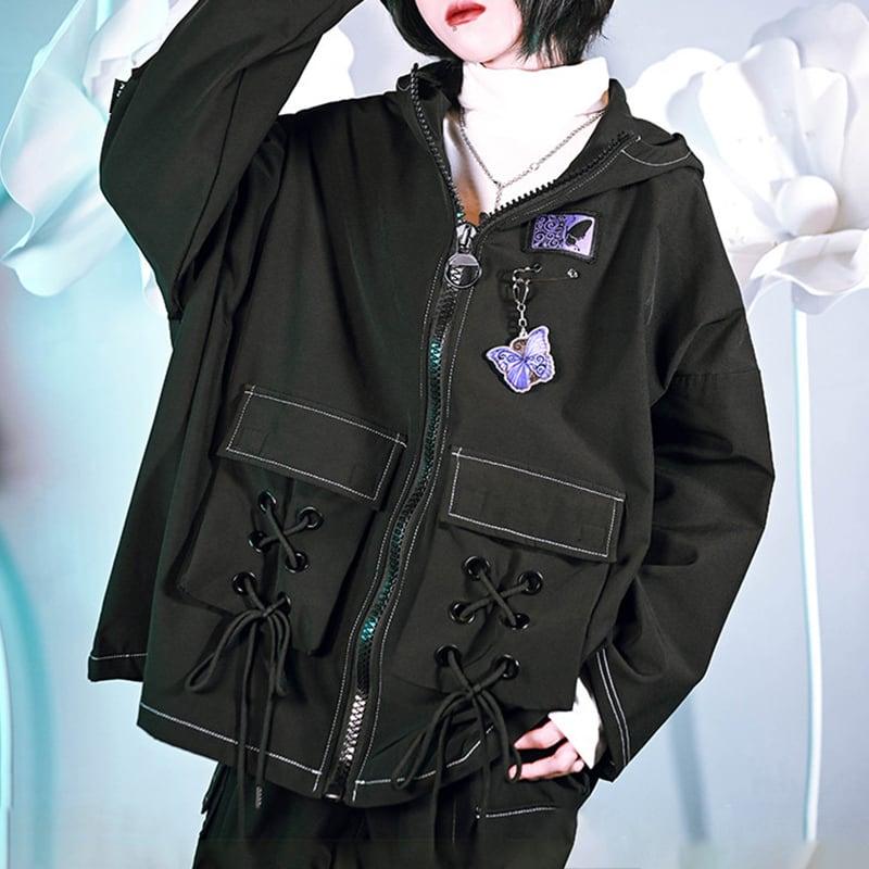 【古怪舍---燕尾蝶シリーズ】★チャイナ風アウター★ COAT フード付き 蝶々 オリジナル ブラック 黒い 春秋服 - ChinChic