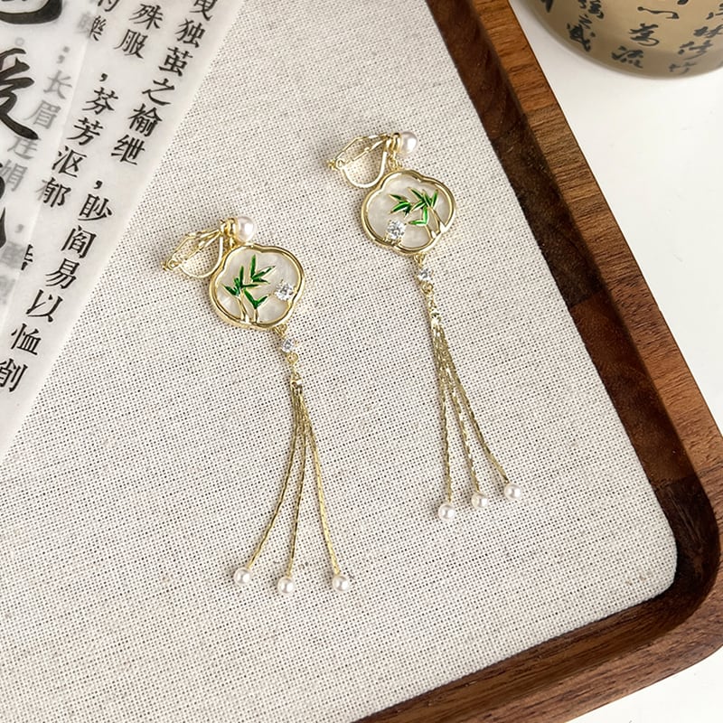 【PRCDCシリーズ】チャイナ風耳飾り 竹柄ピアス ペア レディース フリンジ グリーン アクセサリー