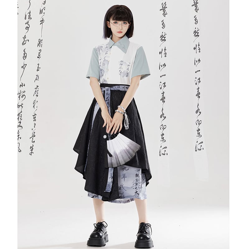 【卿棠---山澗序語シリーズ】チャイナ風 プリント 半袖シャツ 男女兼用 漢字柄 トップス