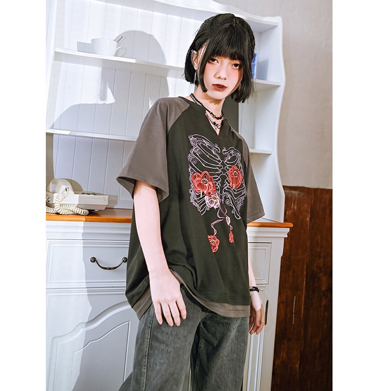 【古怪舍---花骨シリーズ】チャイナ風 半袖 Tシャツ プリント 個性的 オリジナル Vネック コットン トップス